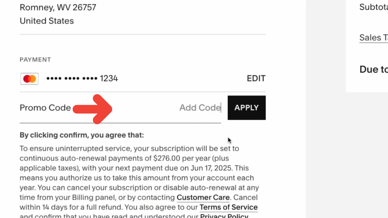 A screenshot showing where to enter the Squarespace promo code during the checkout process.