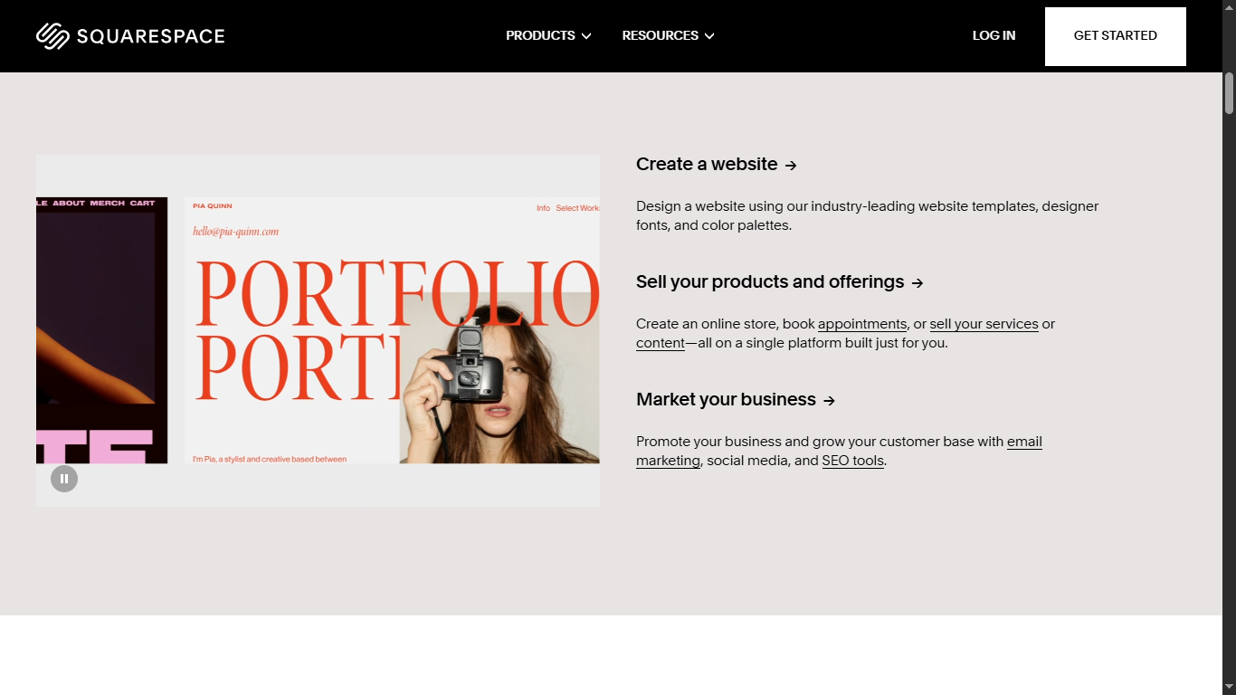 A collage showing the Squarespace website editor, analytics dashboard, and e-commerce product page, highlighting its all-in-one features for first-time users.
